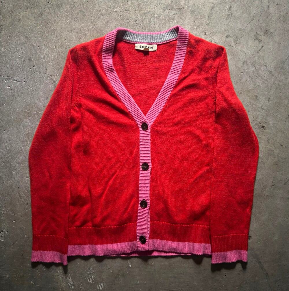 Boden Knit Cardigan Sweater Women’s Red V-Neck Button Pink Trim size S